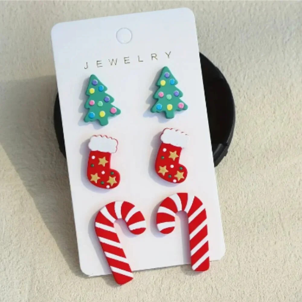 Trio of Holiday Christmas  Stud Earrings - Resin - NEW